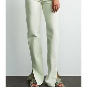 Zara Yellow Jeans Cotton Fringe Ankle Side Slit Mid-Rise Straight Leg Size 34